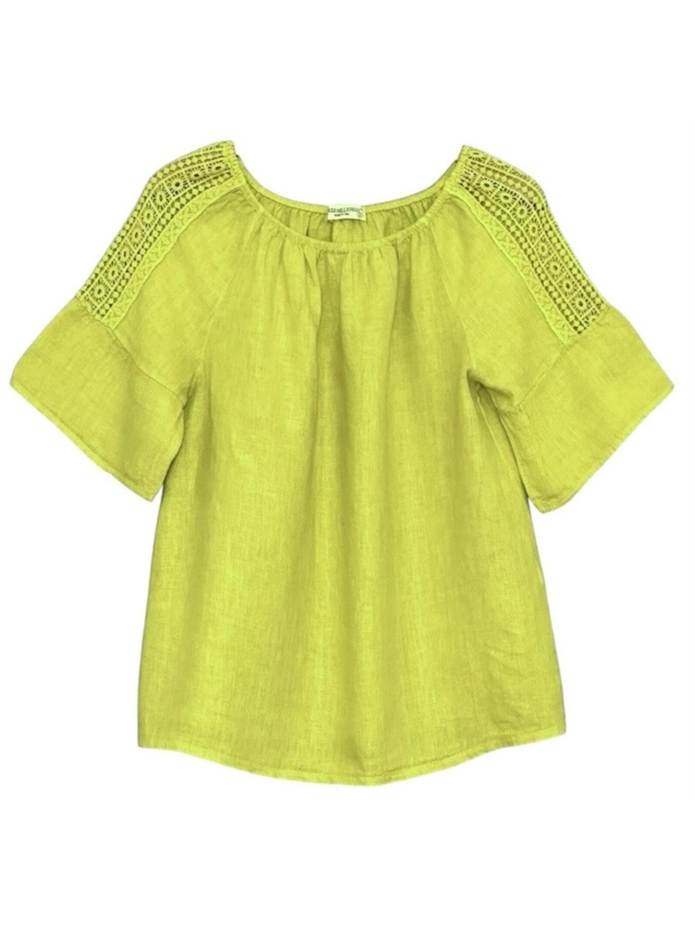 Terzo Millennio Chartreuse Italian Linen Crochet Sleeve Peasant Tunic Blouse